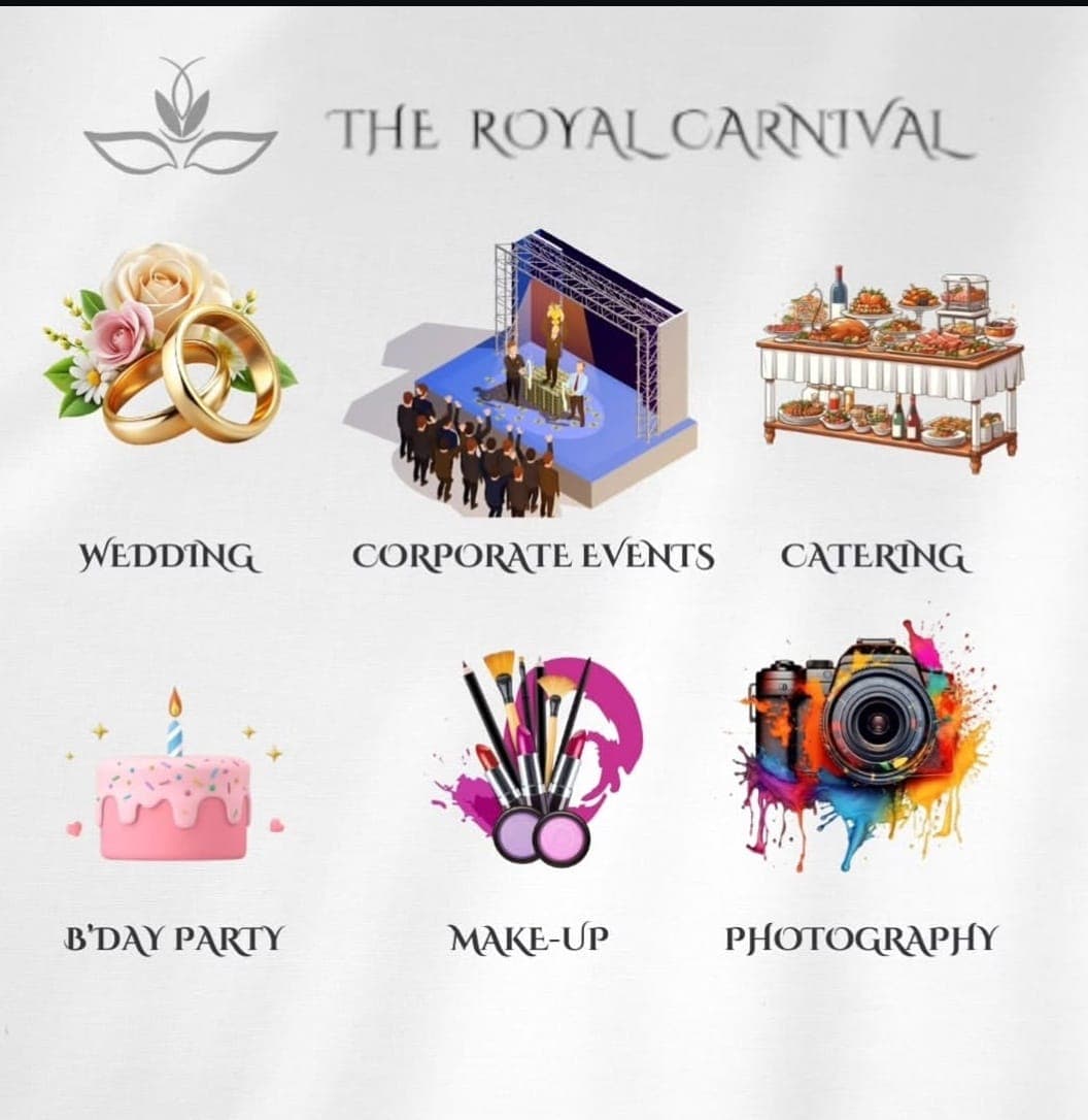 The Royal Carnival services overview: wedding, corporate events, catering, birthday parties, make-up, and photography
