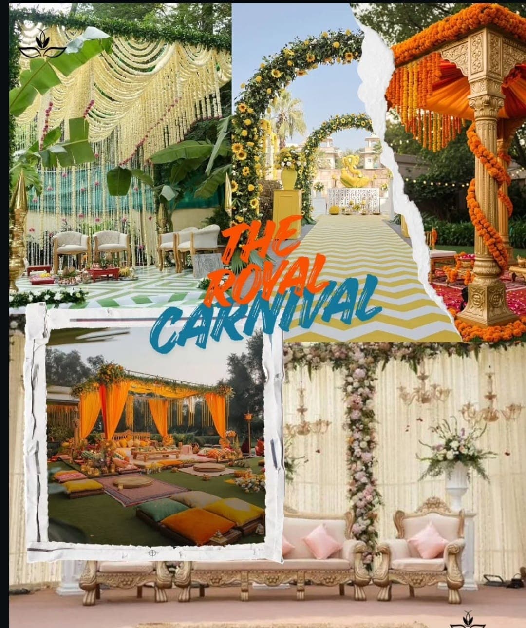 Collage of wedding décor and mandap setups by The Royal Carnival
