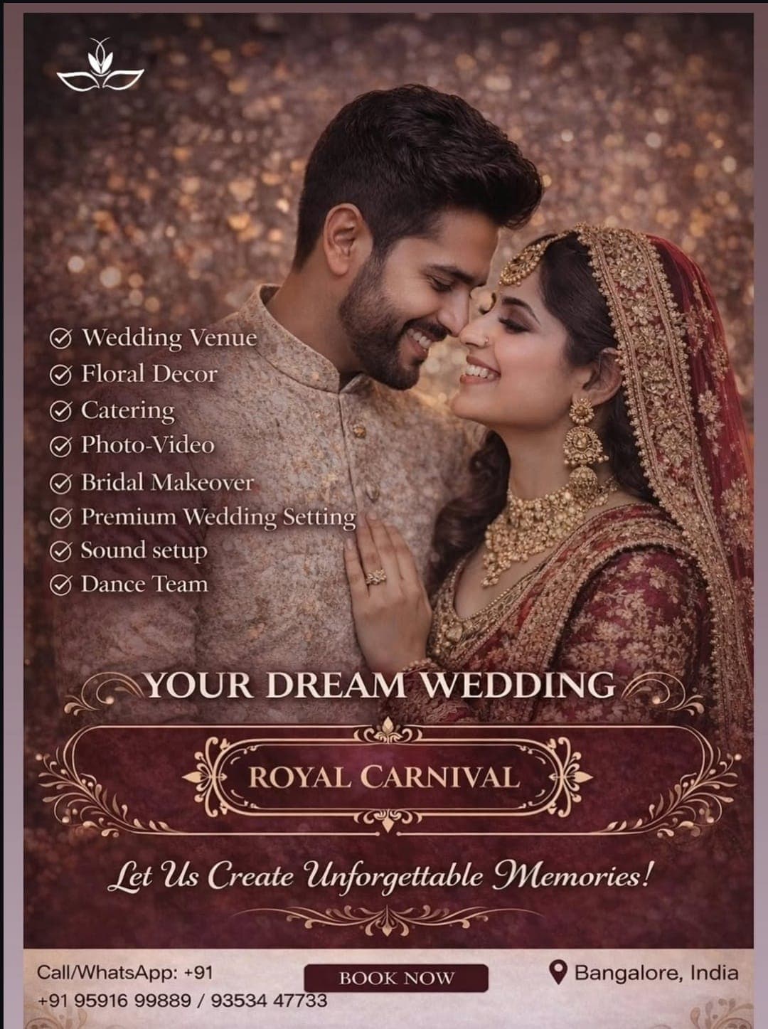 Bride and groom portrait with The Royal Carnival wedding services checklist
